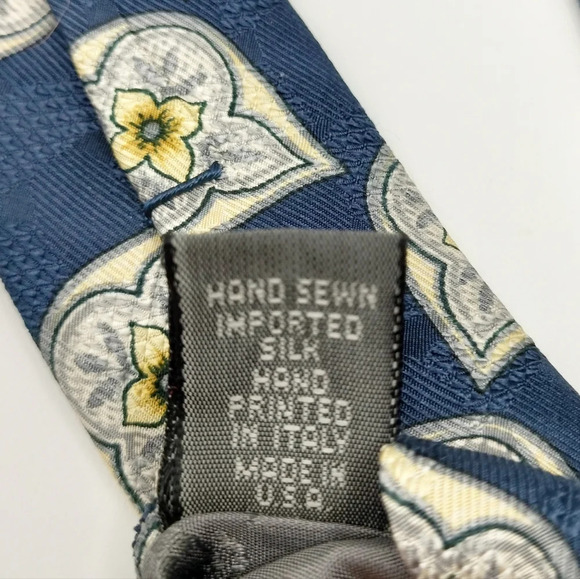 Robert Talbott Men's Tie Silk Floral Geometric Pattern Hand Sewn Blue Off White - Picture 3 of 8